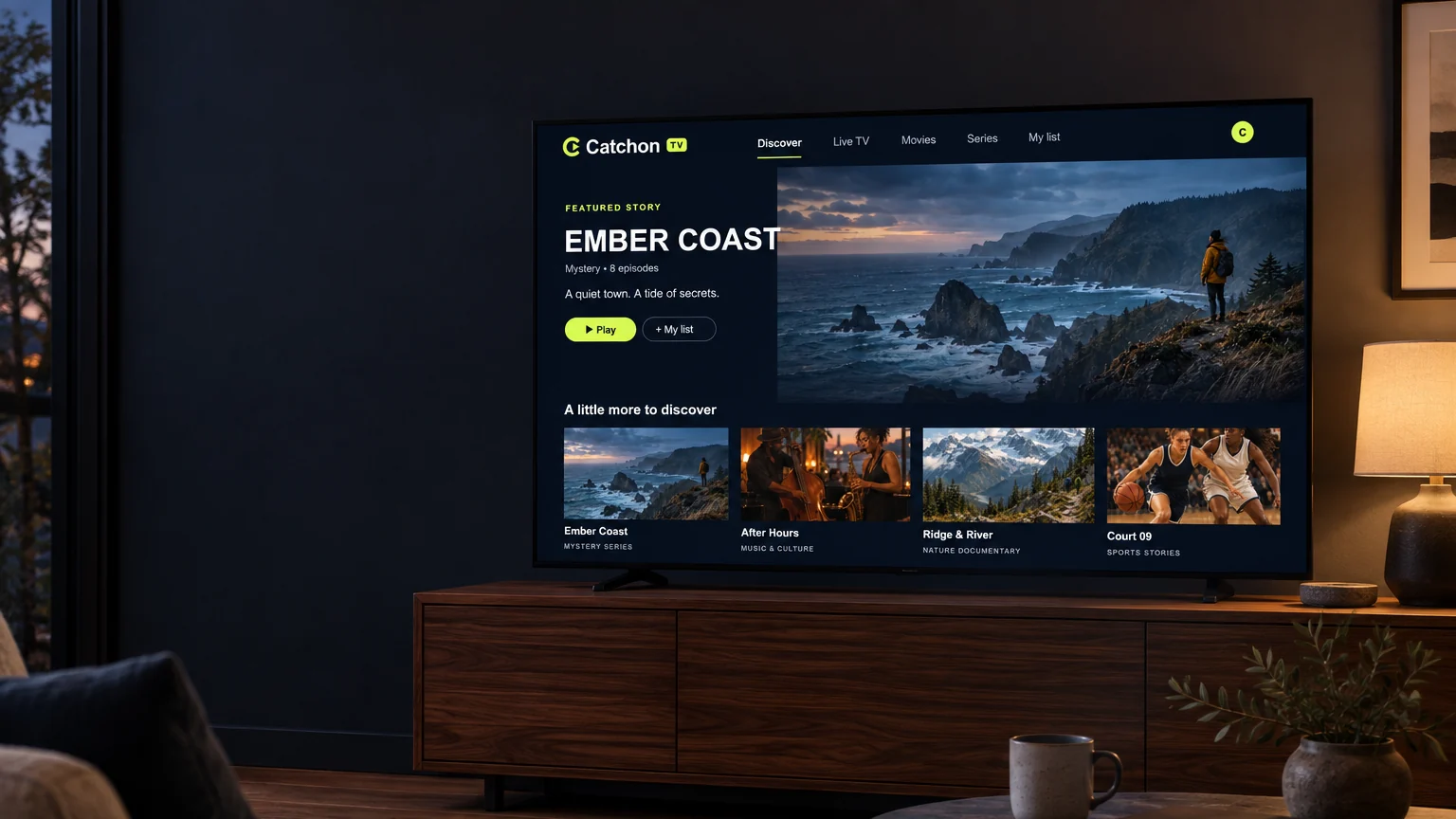 A television in a warmly lit living room showing original Catchon TV entertainment artwork.