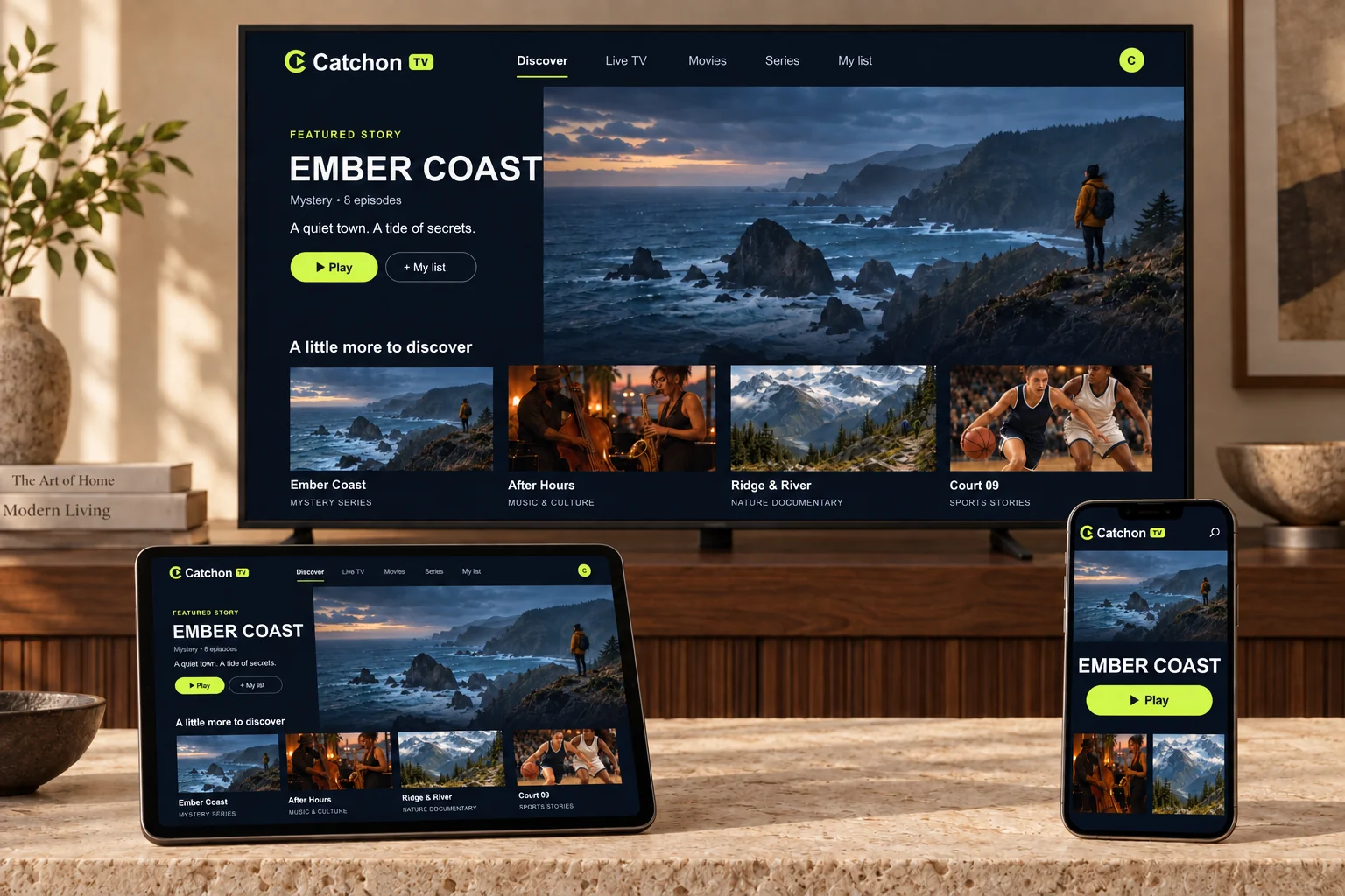 A television, a tablet and a phone showing original Catchon TV artwork.