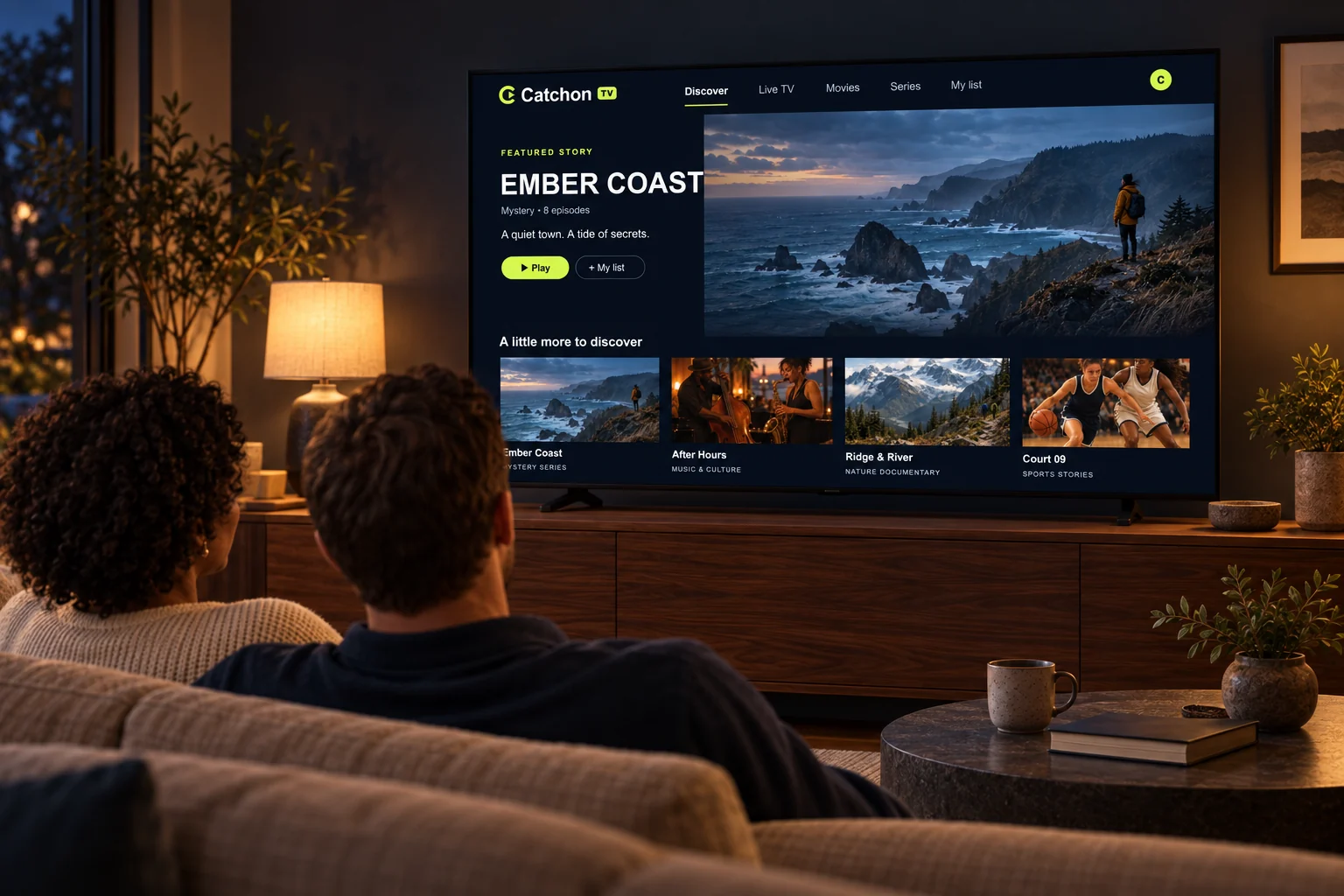 Two people watching a television showing original Catchon TV artwork.