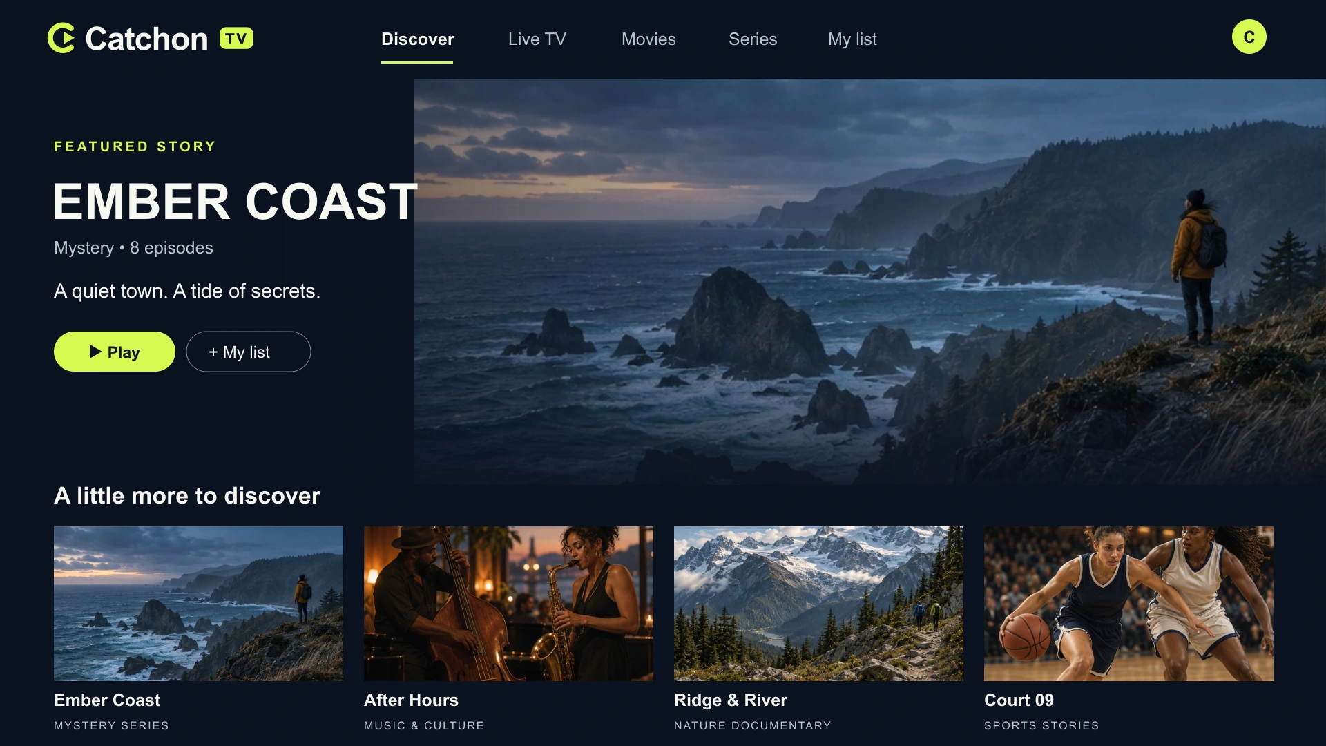 The Catchon TV Discover screen laid out with a featured banner and rows of artwork.