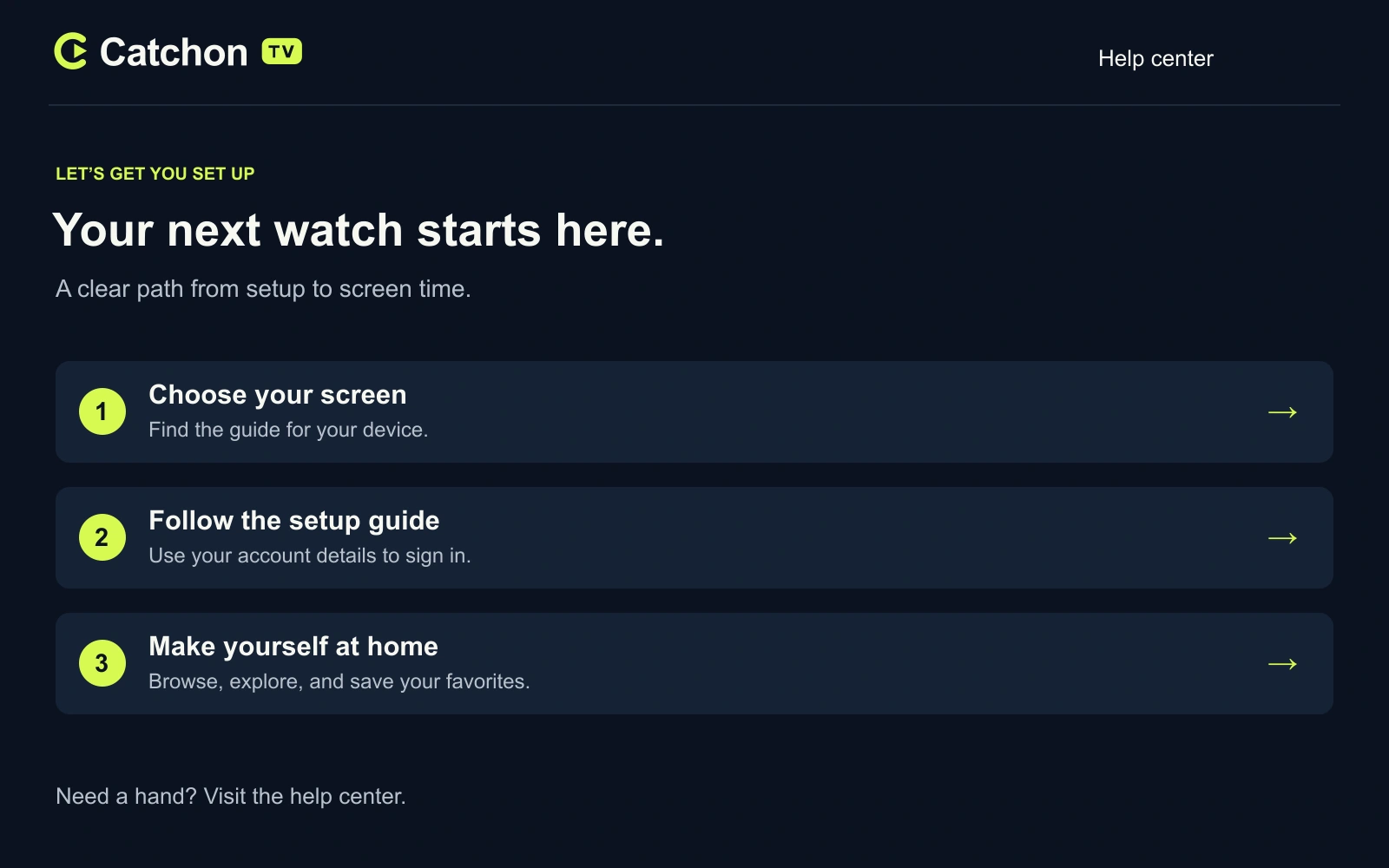 The Catchon TV setup screen showing three numbered instructions.