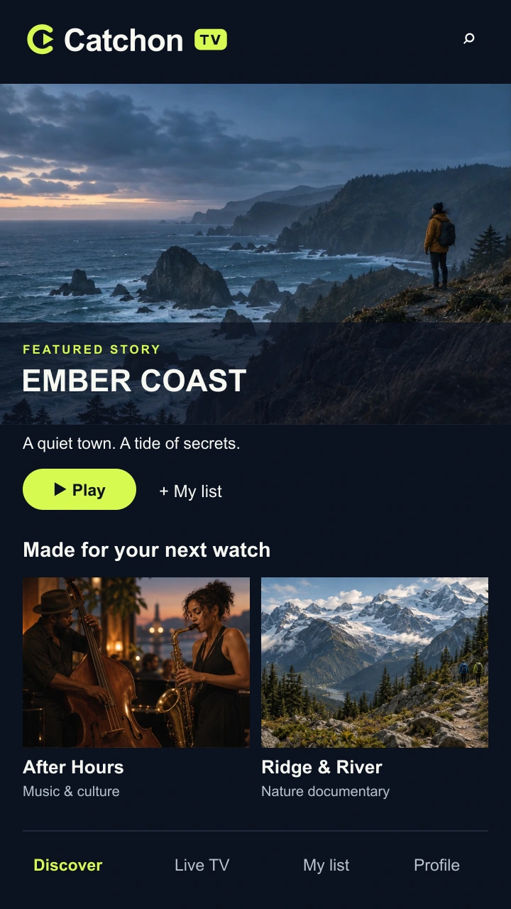 The same Catchon TV layout on a phone, with artwork stacked in a single column.