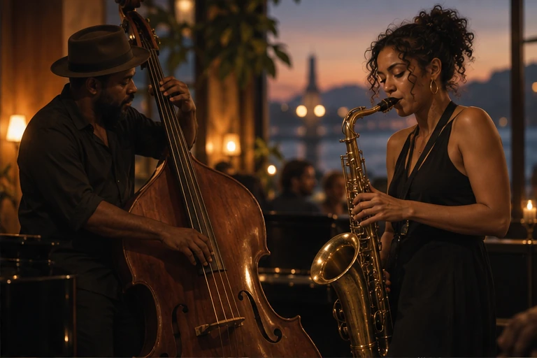 Original illustration: two jazz musicians performing in warm evening light.