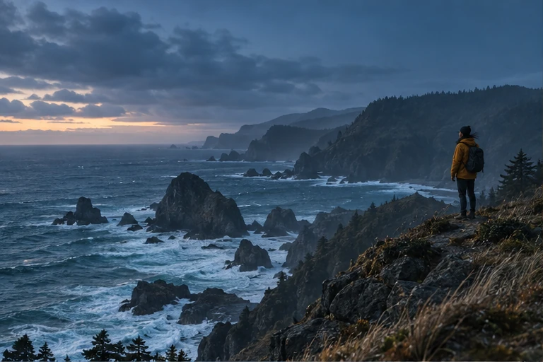 Original illustration: a lone traveller above a rugged coastline at dusk.